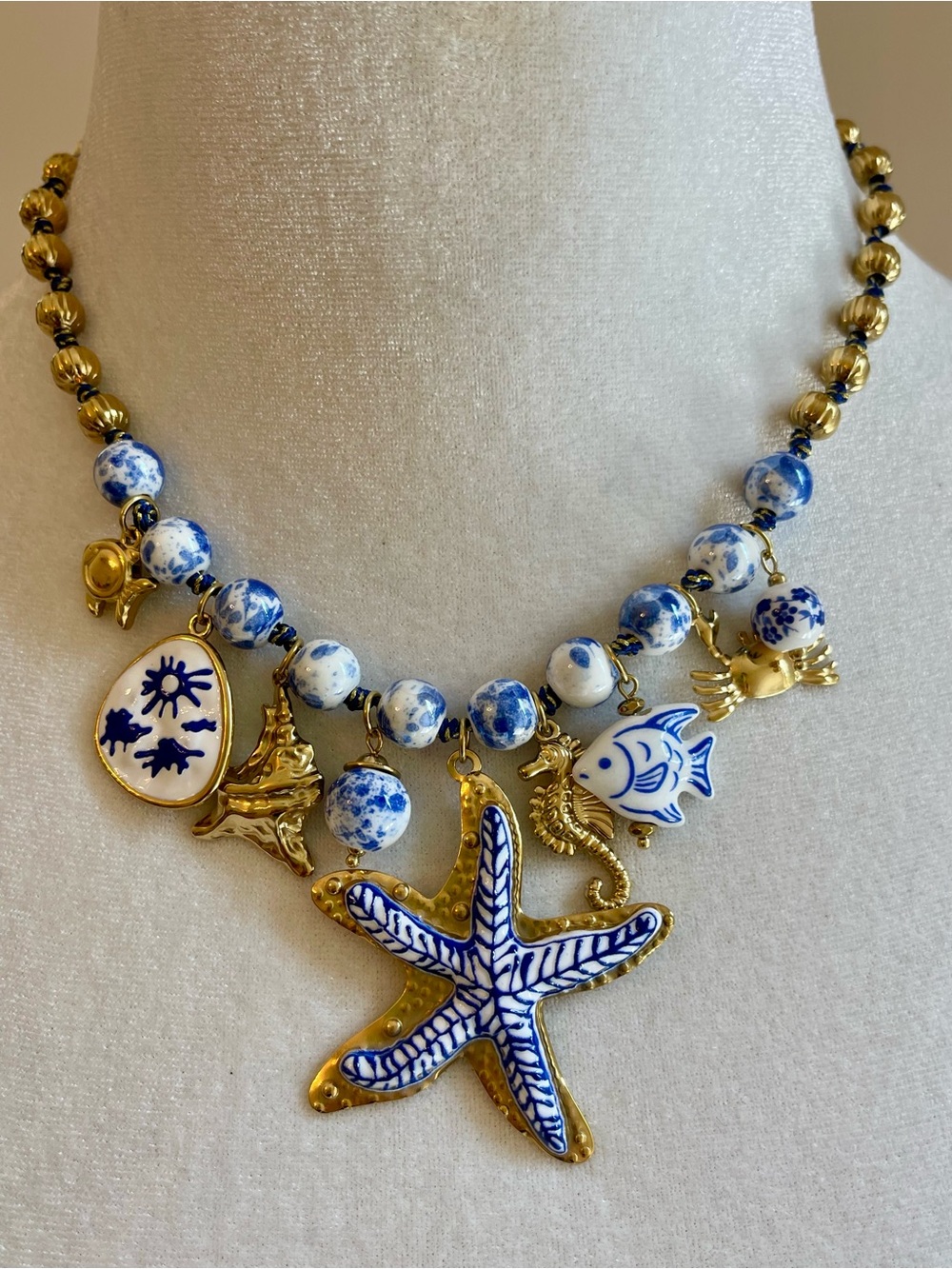 Gold and Blue Ceramic Starfish Charm Coastal Statement Necklace